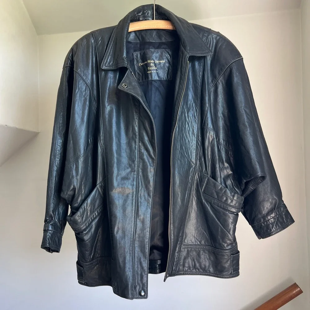 Vintage 80s Leather Jacket Black Biker Moto Dolman Sleeve Batwing Oversized USA